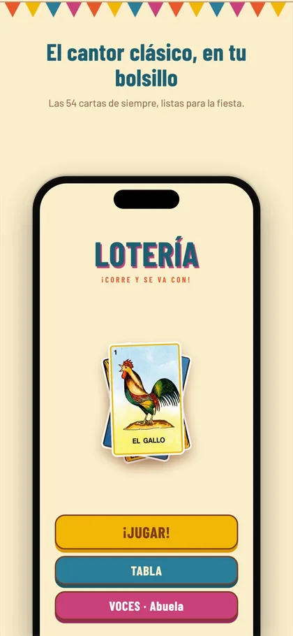 Lotería home screen with the El Gallo card and Jugar, Tabla, and Voces buttons
